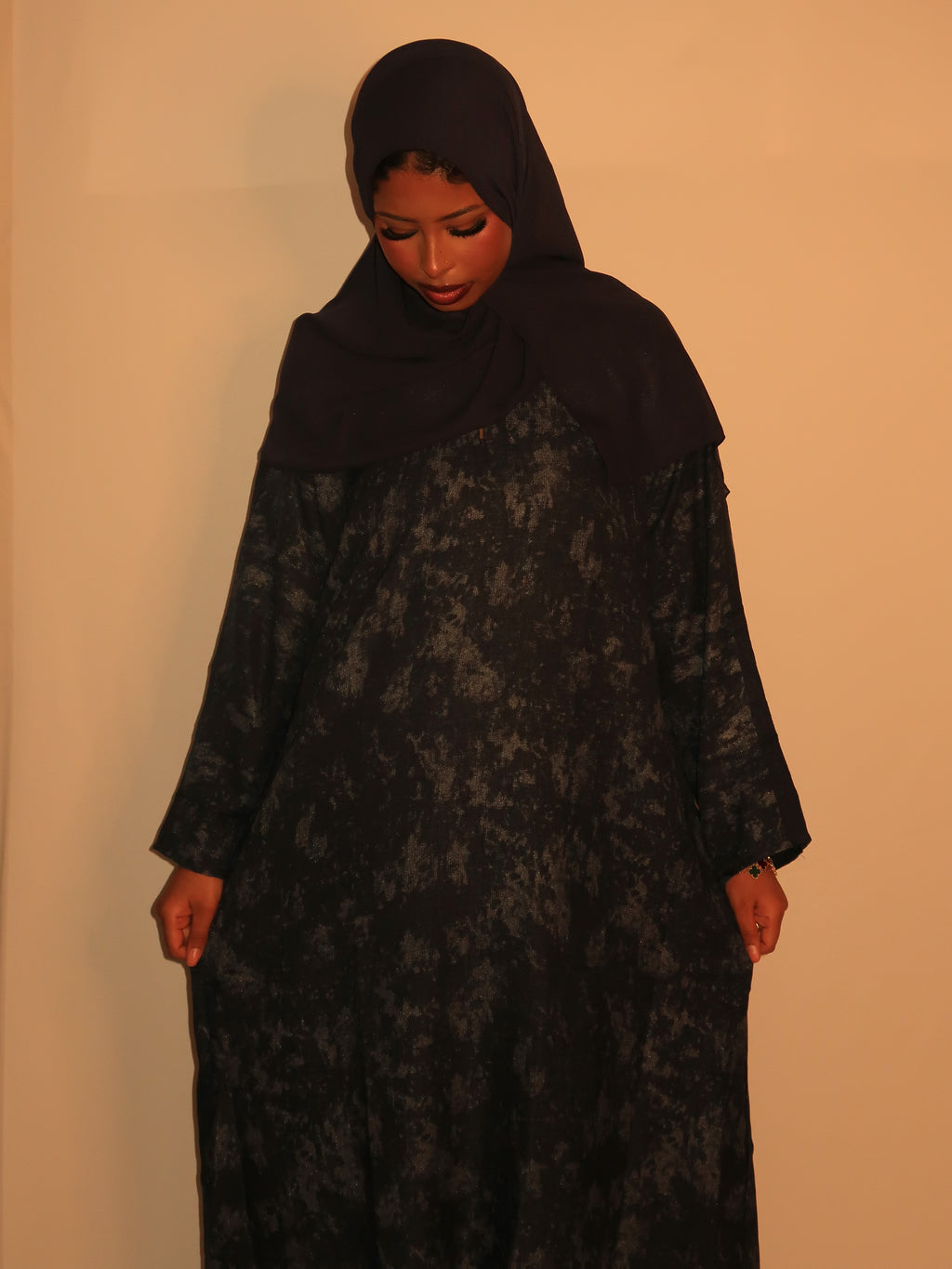 Printed Linen Abaya- Navy Blue